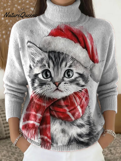 Women's Christmas Cat Casual Printed Turtleneck Sweater