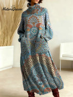 Women's Vintage Flower Art Print Casual Cotton Knitted Dress