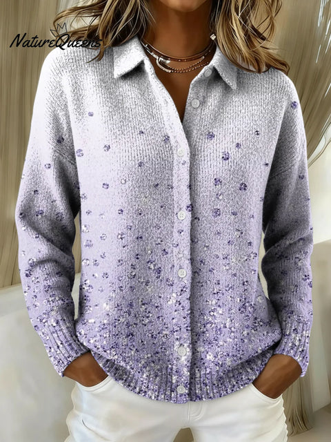 Women's Purple Glitter Gradient Pattern Print Cowl Neck Sweater
