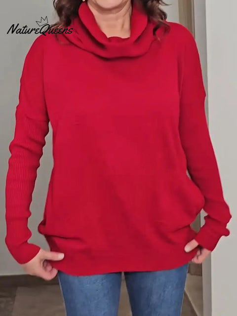 Women's Solid Color High Neck Long Sleeve Casual Loose Knit Top