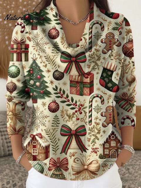 Women's Christmas Tree Pattern Art Print Casual Cowl Neck Sweater