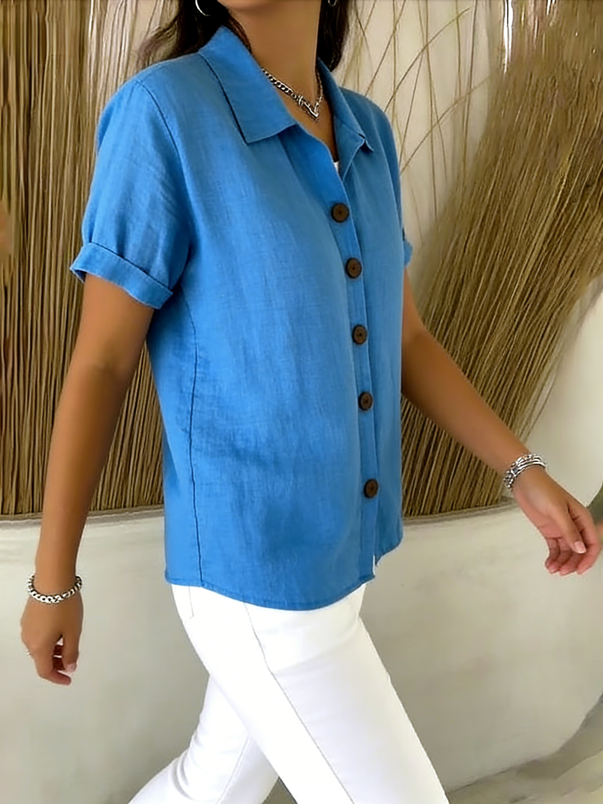 Casual Cozy Basic Button-up Linen-cotton Short-sleeved Shirt