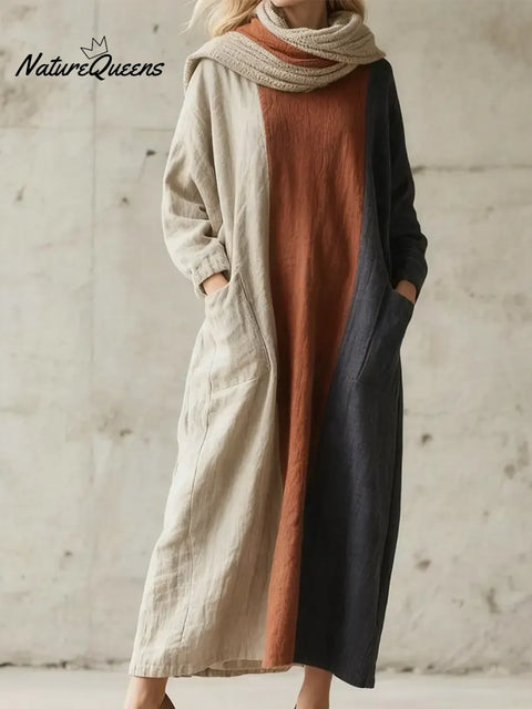 Women's Color-blocked V-neck Cotton Linen Dress