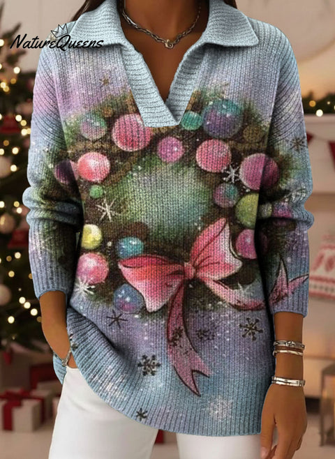Christmas Tree Bow Art Pattern Art Polo Collar Shiny Loose Sweater Top