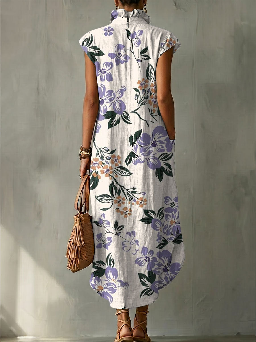 Vintage-style Elegant Floral Motif Women's Bud Collar Linen Cotton Dress