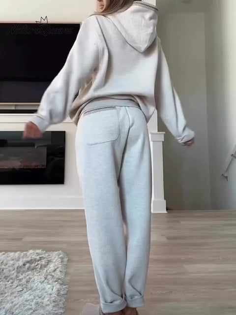 Women's Comfortable Casual Cotton Hooded Sweatshirt and Pants Two-Piece Set