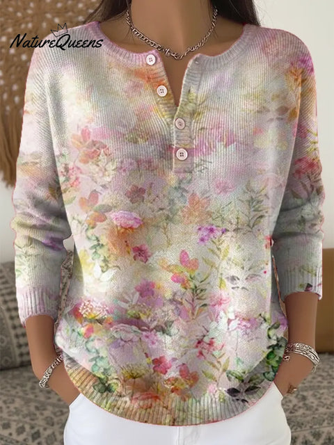 Women's Floral Pattern Art Print Casual Cardigan Sweater