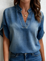 Casual V-neck Petal Sleeves Denim Blouse