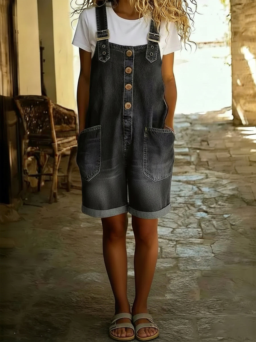 Casual Adjustable-strap Denim Jumpsuit Shorts