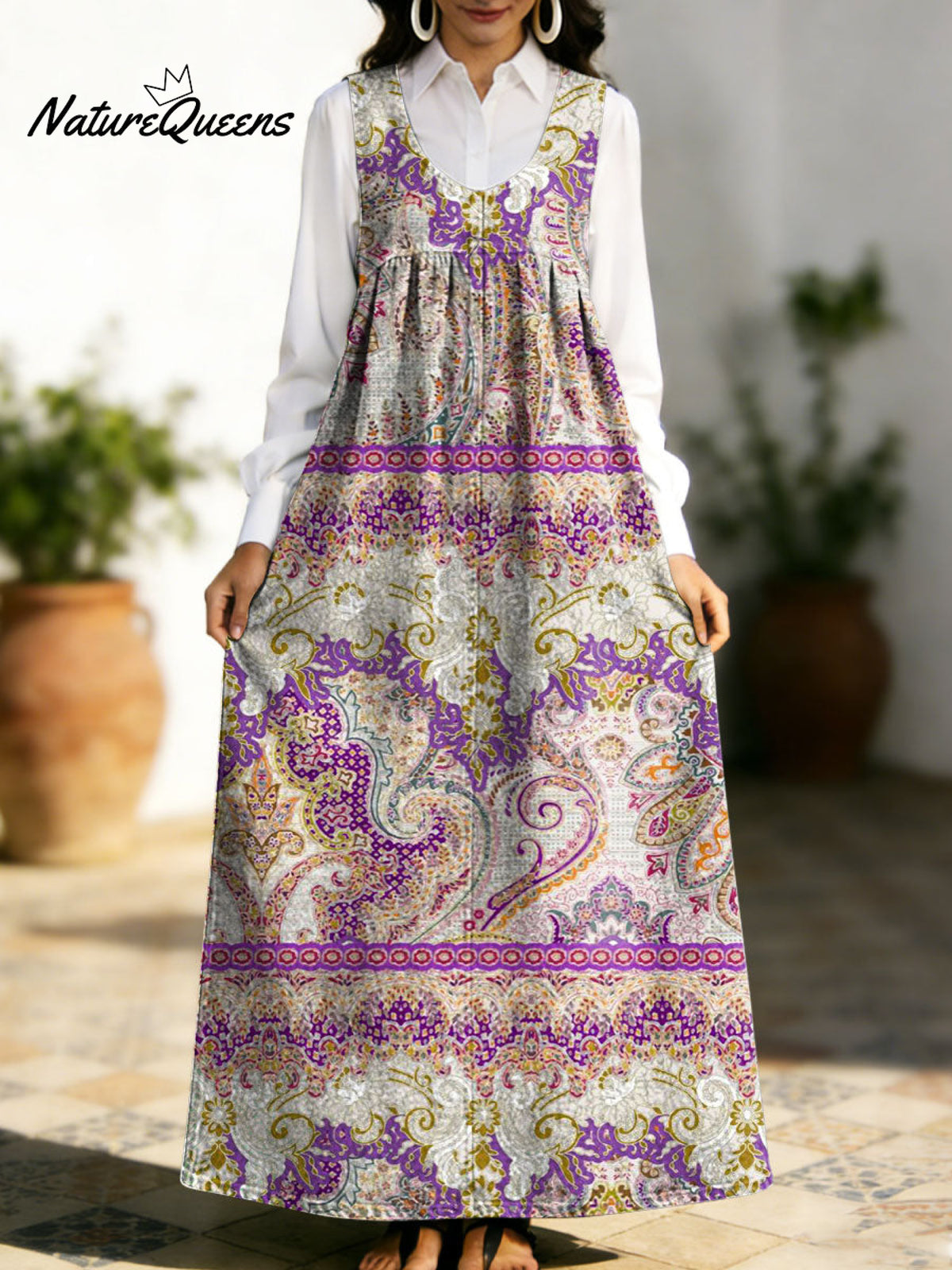 Women's Retro Splicing Colorful Flowers Pattern Art Print Casual Cotton Denim Dress