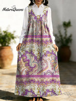 Women's Retro Splicing Colorful Flowers Pattern Art Print Casual Cotton Denim Dress