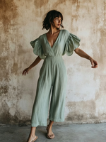 Elegant Ruffled-sleeve V-neck Cotton-linen Wide-leg Jumpsuit