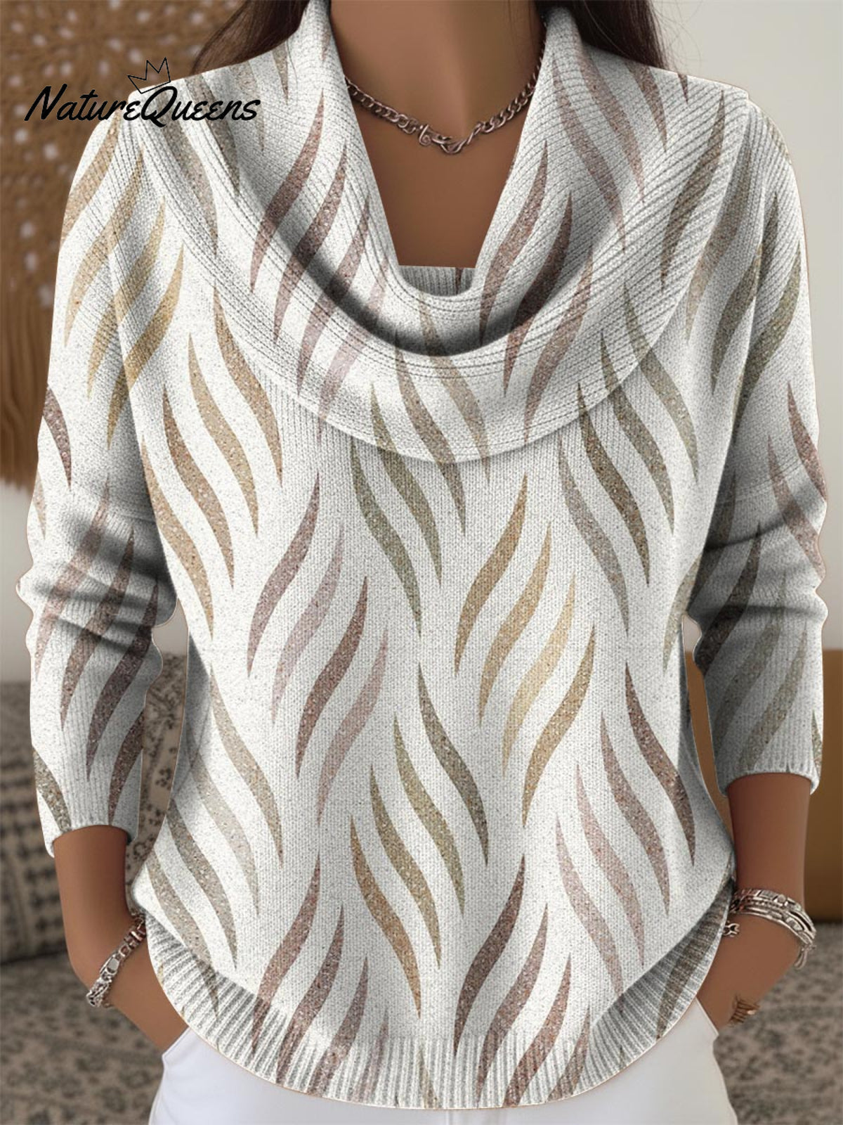Simple Geometric Short Wavy Line Decorative Pattern Women's Casual Swing Collar Long Sleeve Sweater