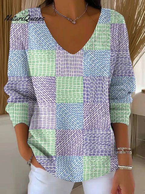 Women's Abstract Pattern Art Print Casual V-Neck Sweater