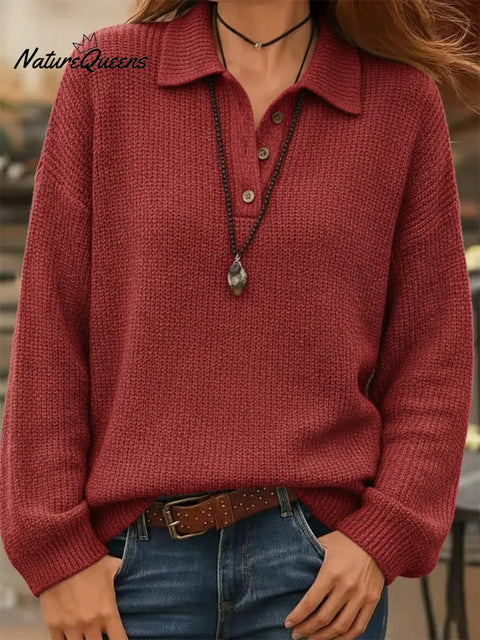 Casual Polo Collar Button-up Knit Sweater