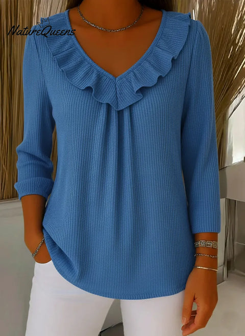 Elegant Ruffled V-Neck Solid Color Sweater Top