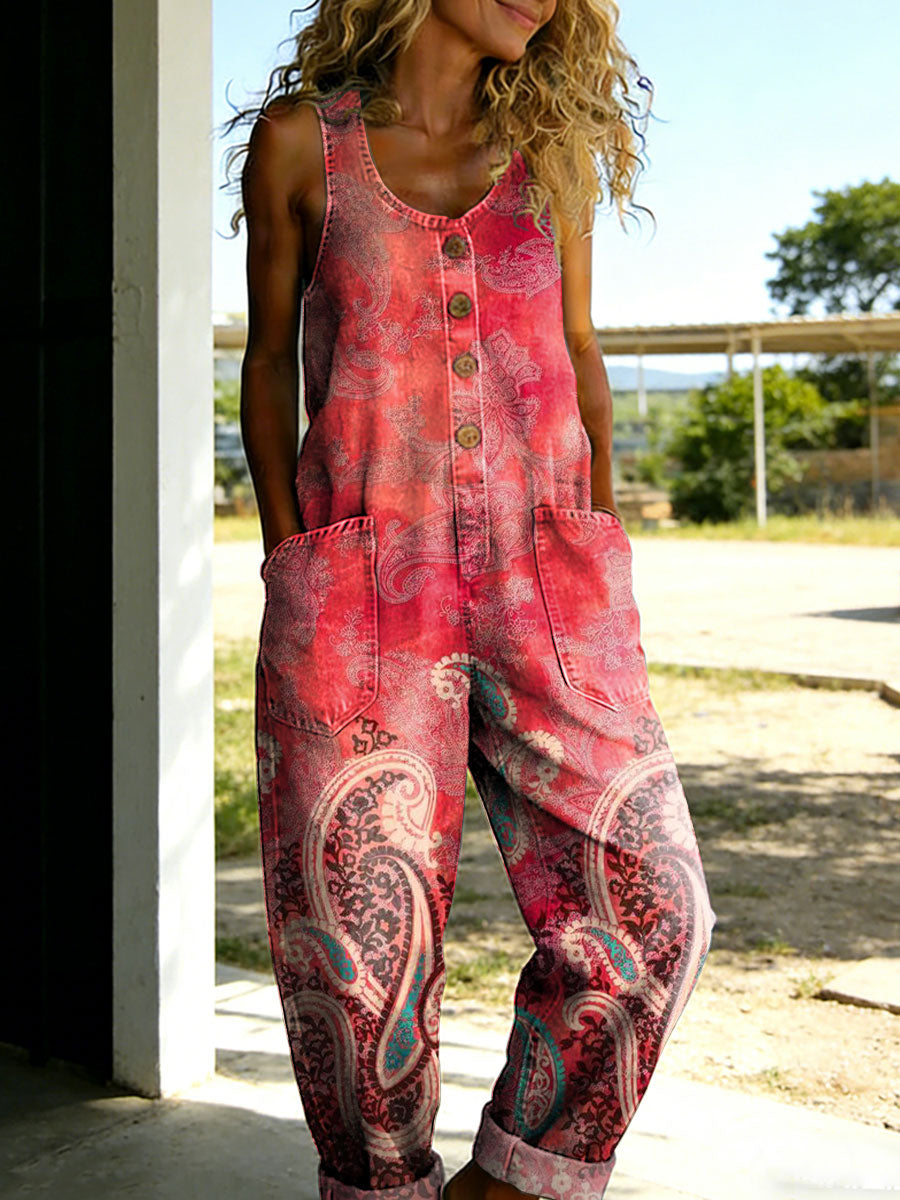 Women's Minimalist Geometric Abstract Casual Cotton Vest Denim Jumpsuit