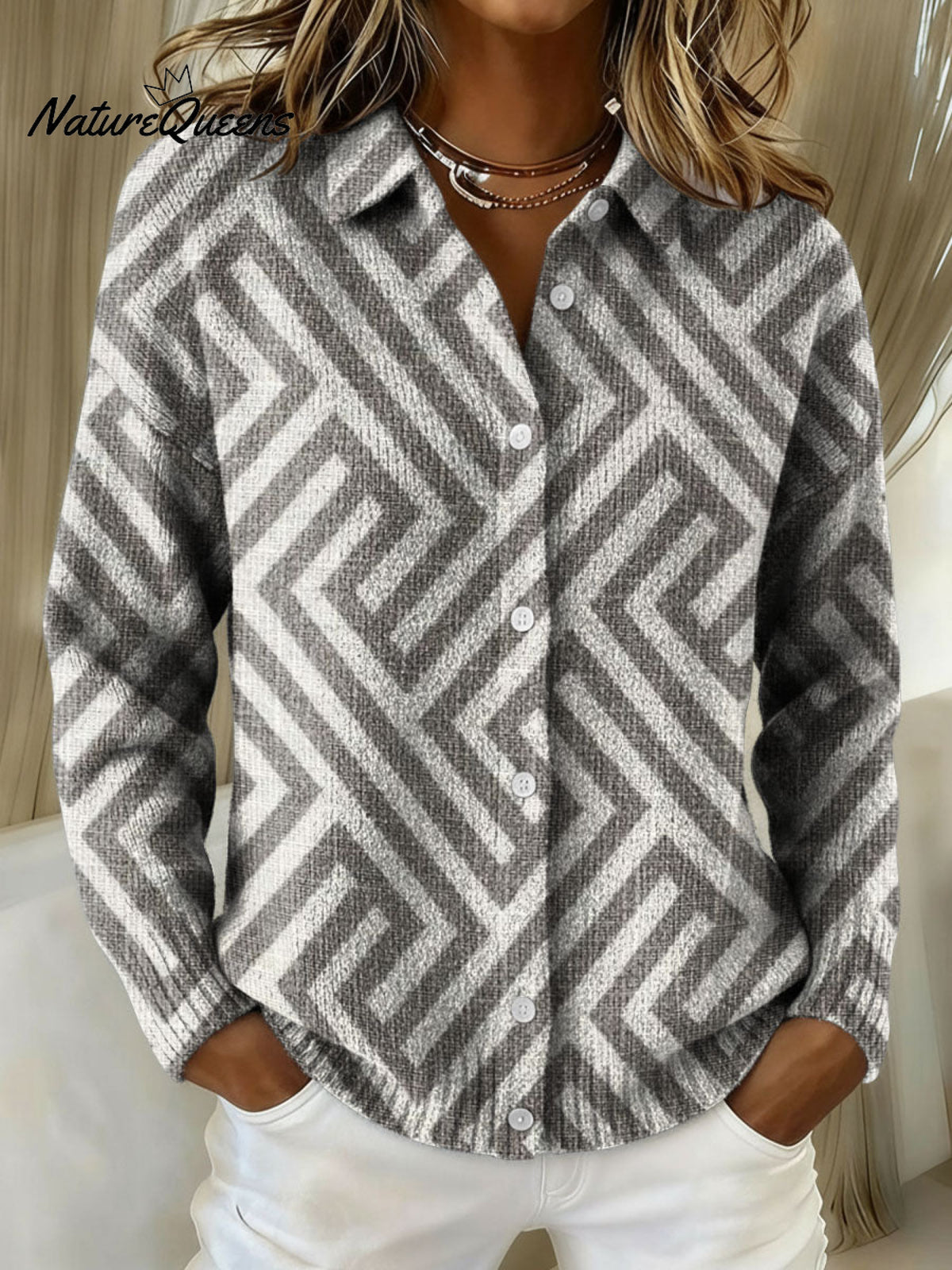 Geometric Line Decorative Pattern Casual Shirt Collar Long Sleeve Sweater