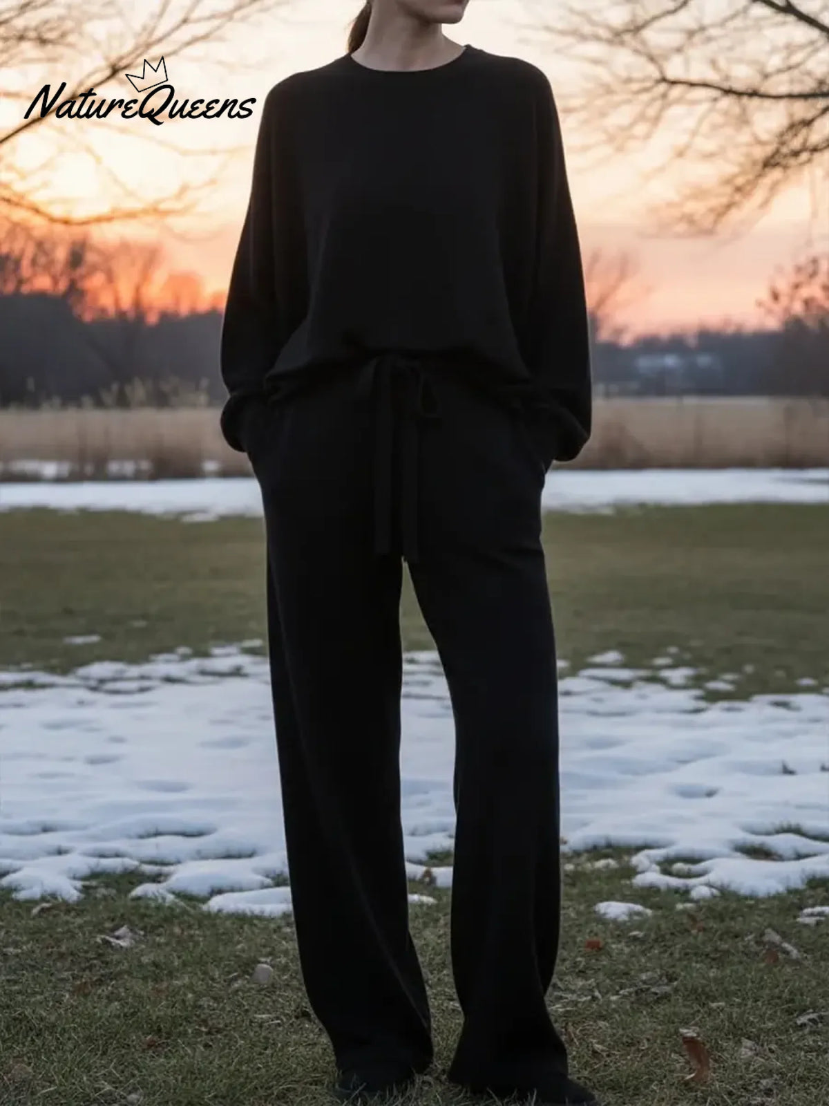 Women's Solid Color Round Neck Long Sleeve Casual Loose Top with Elastic Waist and Wide Leg Pants Set