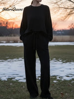 Women's Solid Color Round Neck Long Sleeve Casual Loose Top with Elastic Waist and Wide Leg Pants Set