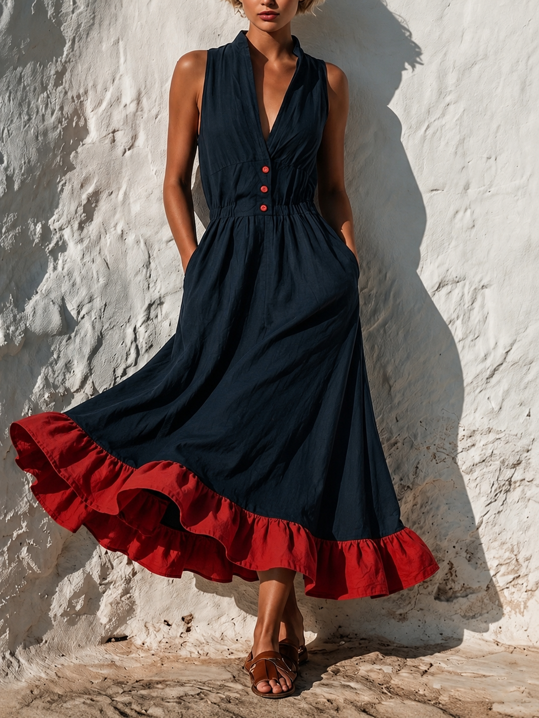 Navy Red Ruffle Hem Stand Collar Sleeveless Midi Cotton Dress