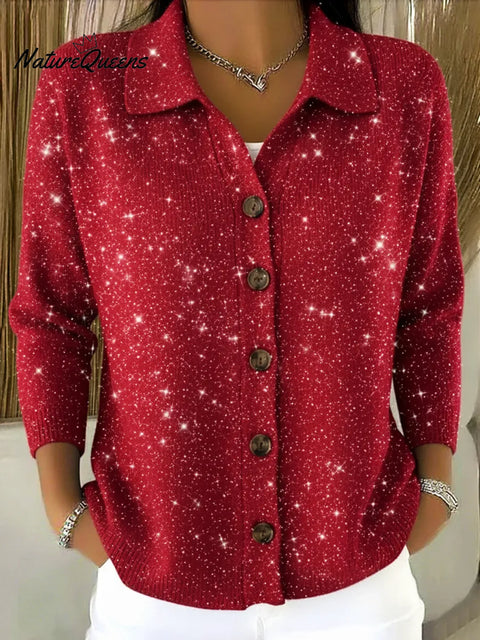 Casual Christmas Party Shirt Collar Button Shiny Cardigan Sweater