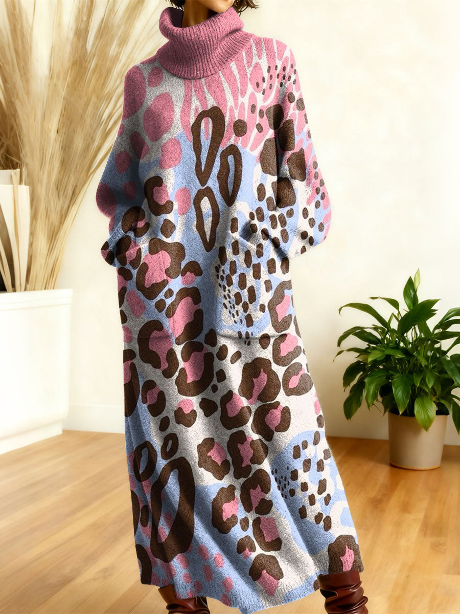 Women's Retro Colorful Leopard Patterns Art High-neck Long-sleeve Casual Loose Knit Dress