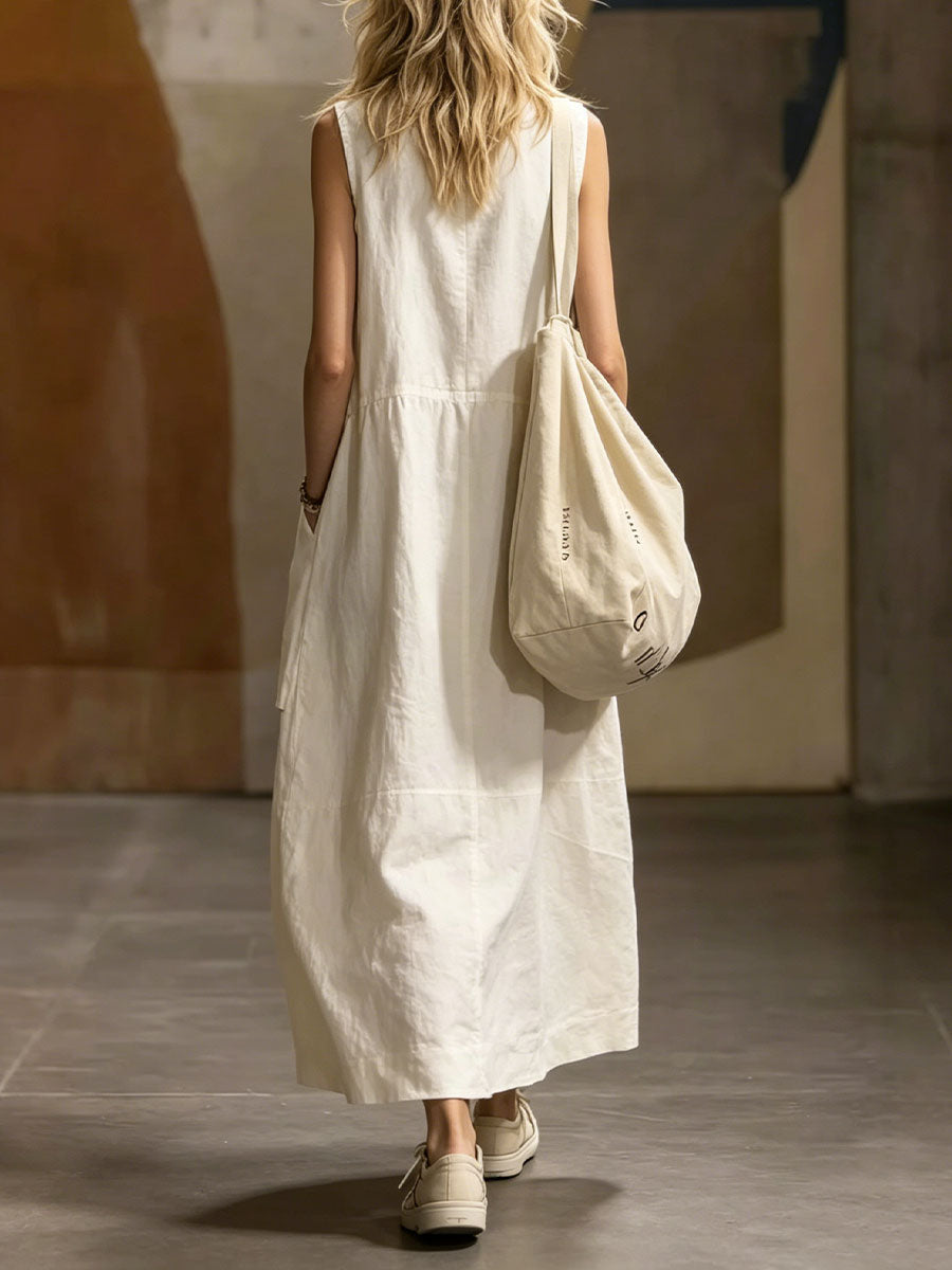 Women's Loose-fit Simple Sleeveless Cotton-linen Round Neck Dress With Pockets