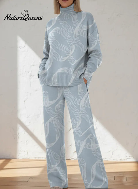 Retro Light Blue Lines Printed Casual High-neck Top And Straight-leg Pants Set