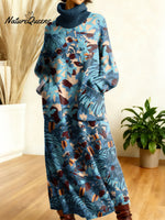 Women's Retro Geometric Patchwork High-neck Long-sleeve Casual Loose Knit Dress