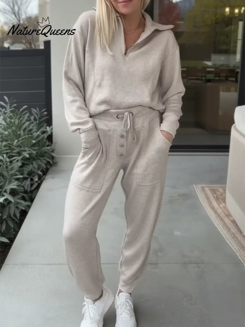 Casual Travel Zip-up Hoodie And Button-down Pants Two-piece Set