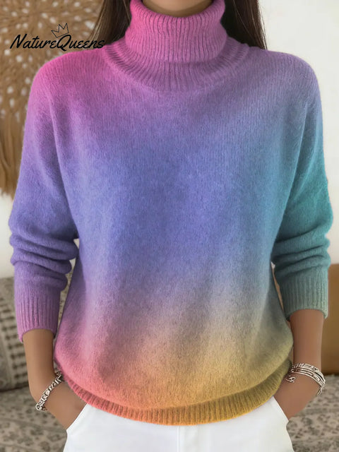Women's Gradient Color Art Print Knit Turtleneck Pullover Sweater
