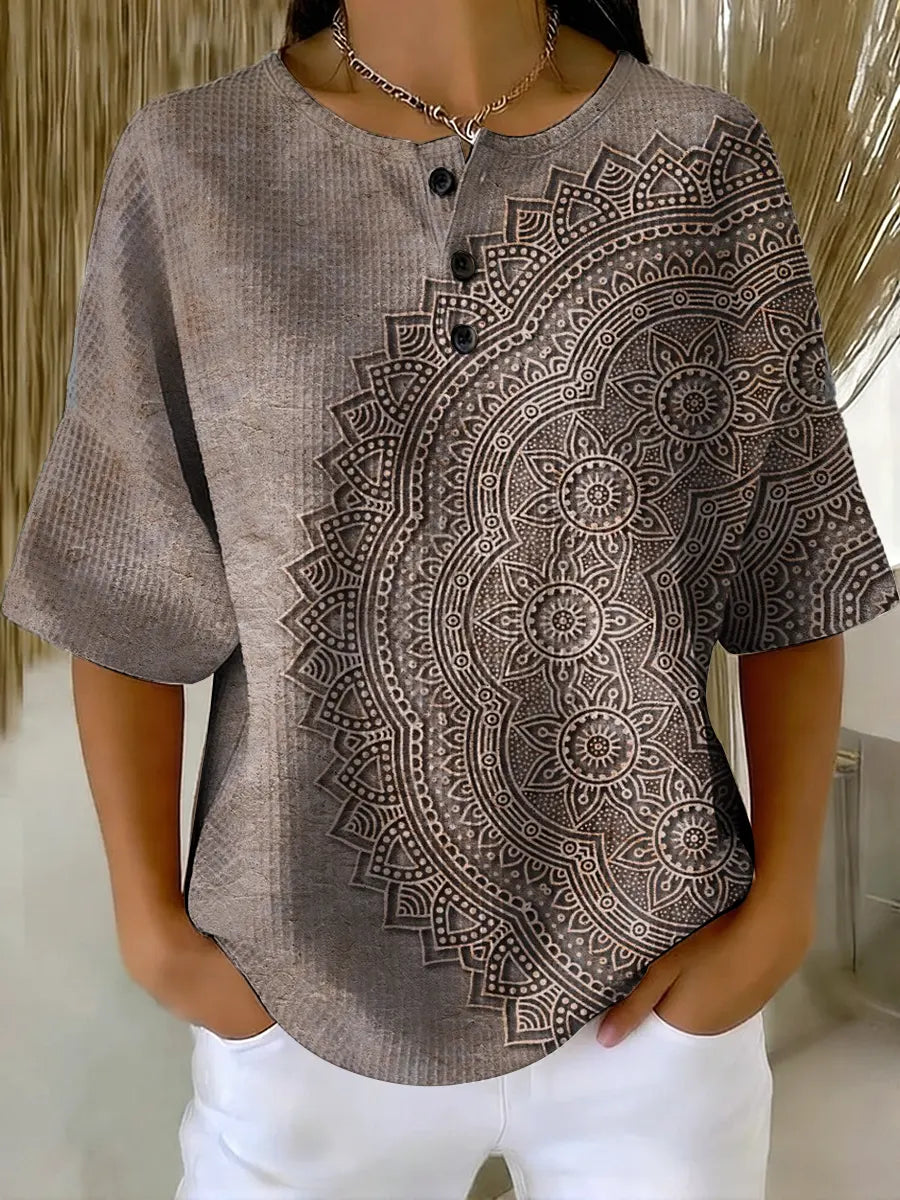 Women's Vintage Pattern Art Print Casual Waffle Cotton Shirt