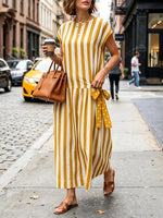 Women's Striped Print Round-neck Short-sleeve Casual Loose Cotton-linen Dress