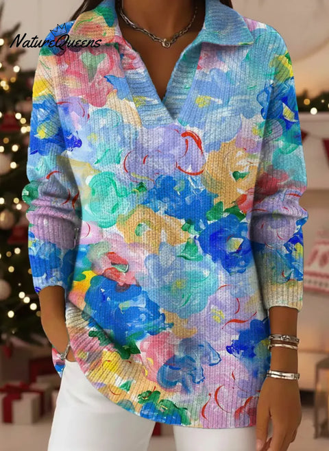Women's Abstract Floral Pattern Art Print Casual Cotton Sweater