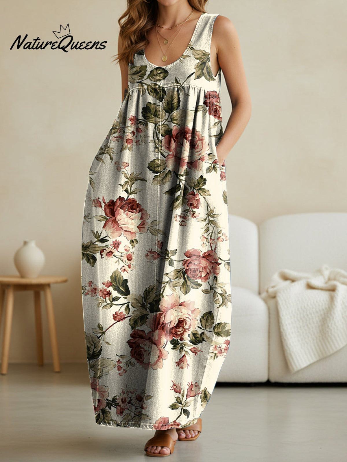 Women's Vintage Flower Art Print Casual Loose Denim Vest Dress