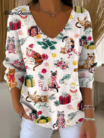 Christmas Printed Casual V-neck Sweater