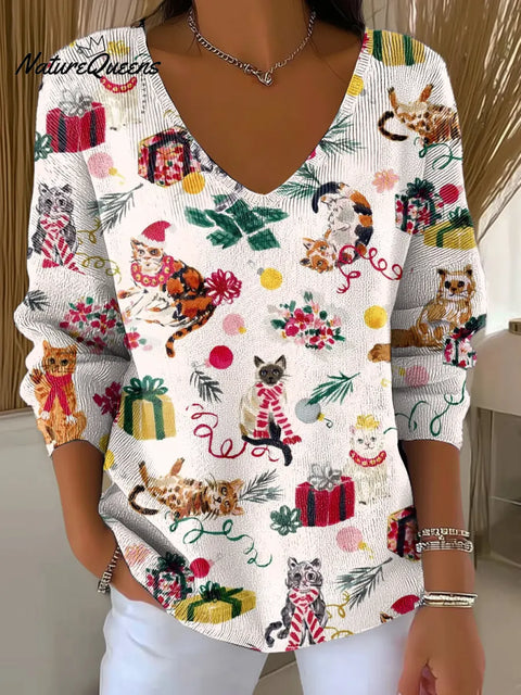 Christmas Printed Casual V-neck Sweater