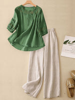 Women's Embroidered Cotton-linen Top And Casual Wide-leg Pants Two-piece Set
