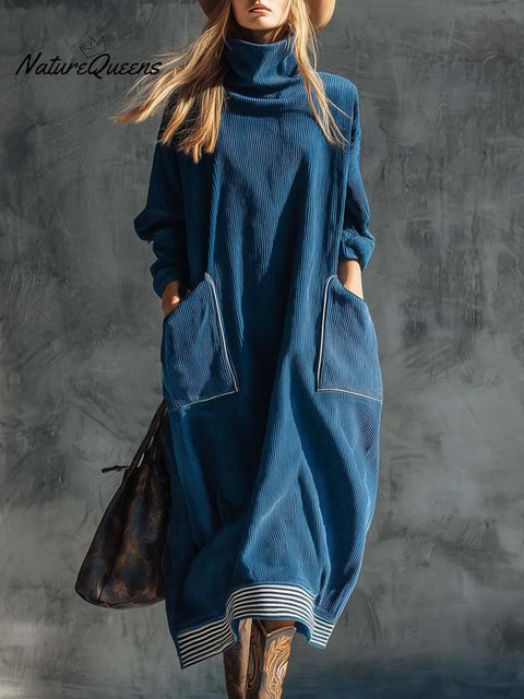 Women's Casual High-neck Corduroy Pocket Dress