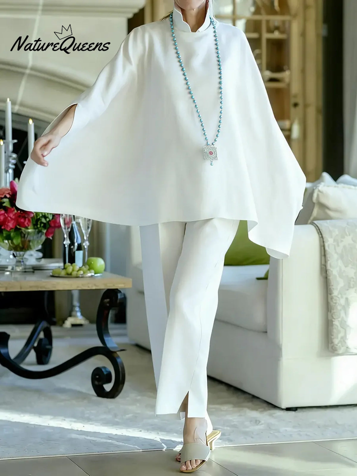 Women's Solid Color Stand-up Collar Batwing Sleeve Casual Loose Cotton And Linen Top And High-waisted Loose Wide-leg Pants Set