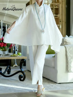 Women's Solid Color Stand-up Collar Batwing Sleeve Casual Loose Cotton And Linen Top And High-waisted Loose Wide-leg Pants Set