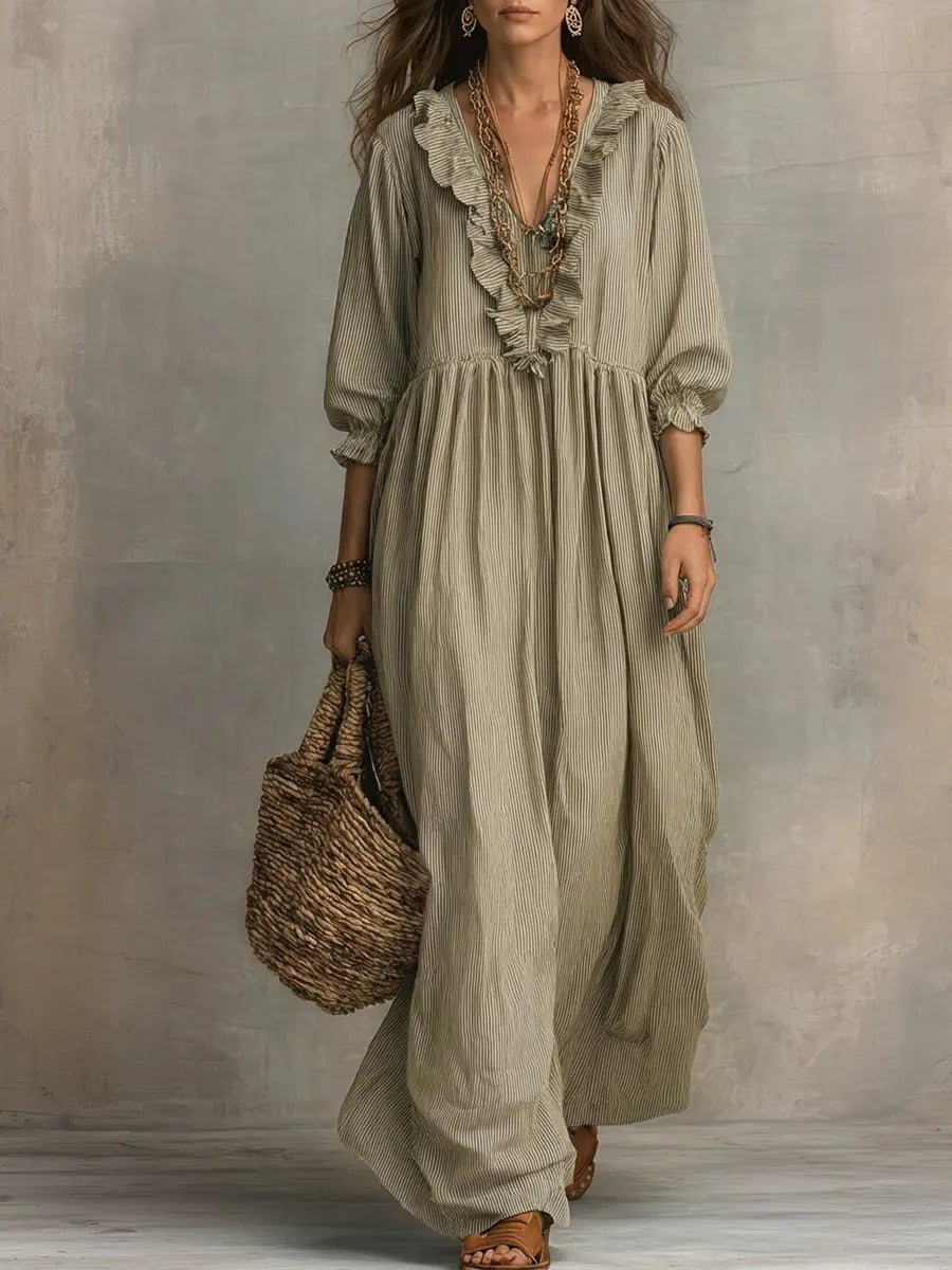 Women's Striped Art Print Casual Stylish Ruffled Vacation Maxi Dress