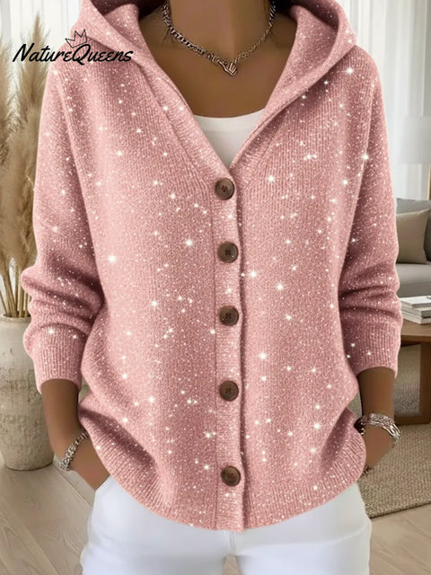 Casual Christmas Party Glitter Button Hooded Cardigan Sweater