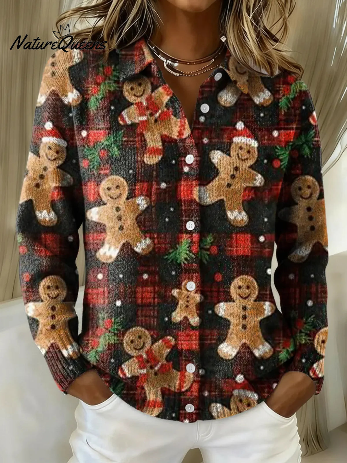 Women's Christmas Gingerbread Man Printed Collared Sweater