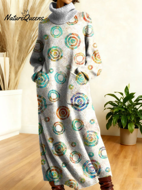 Women's Retro Flowers Geometric Patchwork High-neck Long-sleeve Casual Loose Knit Dress