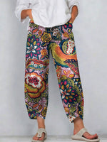 Women's Vintage Nationality Pattern Art Prints Casual Denim Cotton Pants