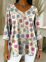 Women's Retro Gradient Flowers Floral Art Patterns Casual Washed Denim Cotton Top