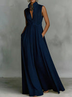 Women's Solid Color Stand Collar Sleeveless Casual Loose Cotton Linen Dress