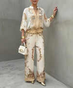 Stylish & Casual Retro-print Two-piece Set: Zip-up Top And Pants
